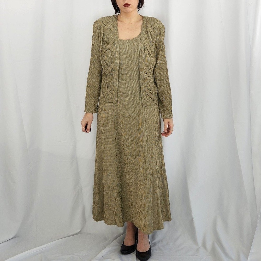 90s Tan and Green Plaid Maxi Dress with Jacket